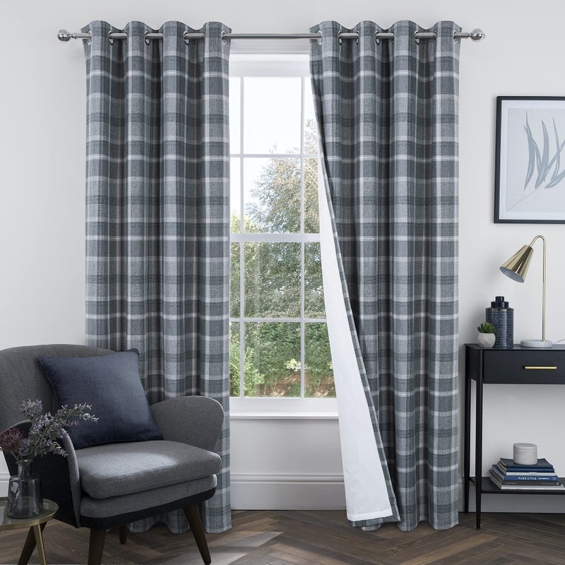 always4u Plaid Curtains for Bedroom Living Room 100% Blackout Thermal Fully Lined Woolen Look Check Drapes Grey Grommet Curtains 95 Inch Length 2 Panels Grey - Image 1